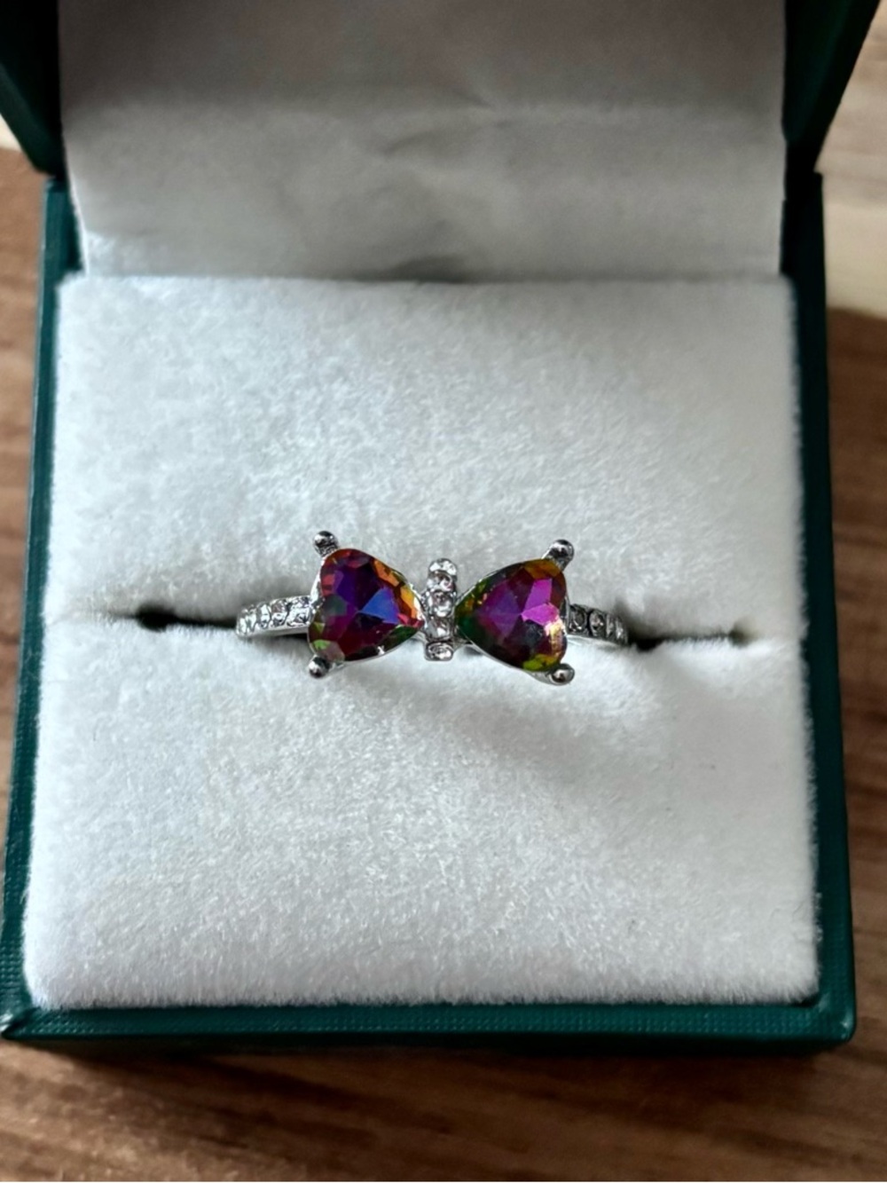 Sterling Silver Mystic Topaz Bow Ring Size 9 Rainbow Double Stone Dainty Ring